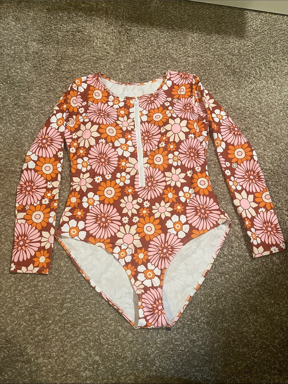 Long-Sleeve Floral One-Piece Swimsuit - Pink & Orange
